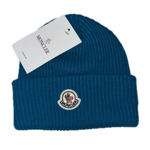 Moncler Teal Ribbed Cuffed Beanie with Logo Patch
